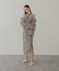 【SALE／10%OFF】Leja Leja-フリルチュールスリーブリボンIラインワンピースドレス結婚式 レジャ ワンピース・ドレス ドレス ブラック グレー ブルー【送料無料】