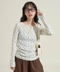 【SALE／50%OFF】FREAK'S STORE 花柄針抜き フライスヘンリーロンT 25AW フリークスストア トップス カットソー・Tシャツ ホワイト ブラウン グレー