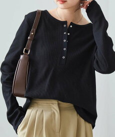 【SALE／31%OFF】Ranan Ranan/(W)ヘンリーネックワッフルロンT ラナン トップス カットソー・Tシャツ ブラック ホワイト レッド ネイビー グレー