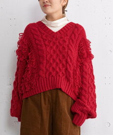 【SALE／24%OFF】POU DOU DOU ループフリンジVネックケーブルニット プードゥードゥー トップス ニット グレー ホワイト レッド【送料無料】