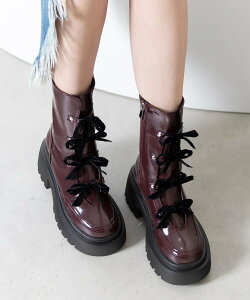 attagirl 厚底リボンレースアップブーツ アタガール シューズ・靴 ブーツ ホワイト ワインレッド【送料無料】