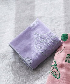 collex 【+HAyU fabric】 ダブルガーゼ 猫刺繍ハンカチ 綿100% コレックス ファッション雑貨 ハンカチ・ハンドタオル パープル ブラウン ホワイト ピンク