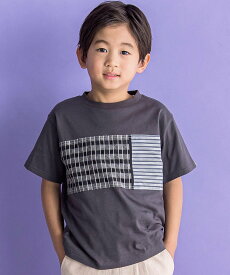 BeBe Petits Pois Vert チェック+ボーダー切り替えTシャツ(95~150cm) ベベ オンライン ストア トップス カットソー・Tシャツ ブラック ホワイト