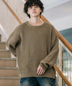 Rocky Monroe オーバーサイズ畦編みクルーニットセーター ロッキーモンロー トップス ニット イエロー ホワイト グレー ベージュ ワインレッド レッド ブラック ネイビー ブラウン ブルー グリーン