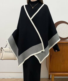 【SALE／57%OFF】emi+ 大判配色羽織り付き ハイネックニットワンピース2点セット エミプラス ワンピース・ドレス ワンピース ブラック ホワイト ブラウン