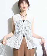 INDIVI 【洗える/トレンド】マニッシュレースベスト インディヴィ トップス ベスト・ジレ ホワイト ブラ…