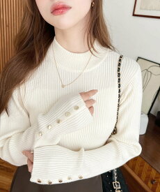 moment+ 12G袖口ボタンボトルネックリブニットプルオーバー モーメントプラス トップス ニット ピンク ホワイト グリーン ブラウン グレー オレンジ レッド ブラック ネイビー