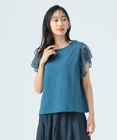 【SALE／20%OFF】BEAMS HEART WOMEN 【洗濯機洗い可】レース スリーブ プルオーバー カットソー 25SS 半袖 デザイントップス ビームス ハート トップス カットソー・Tシャツ ネイビー ホワイト ブルー【送料無料】