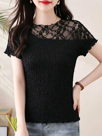Doux Belle レース切替ワッシャー半袖トップス レディース トップス ドゥー・ベル トップス カットソー・Tシャツ ブラック ホワイト【送料無料】