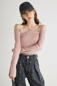 【SALE／10%OFF】rienda スリットSLVオフショルダーknit TOP リエンダ トップス ニット ホワイト ブラック ピンク【送料無料】