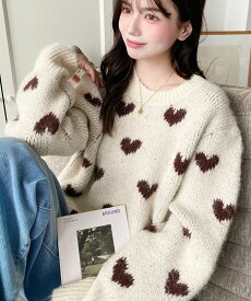 moment+ Wジャガードハート柄フェザーニットプルオーバー モーメントプラス トップス ニット ネイビー ブラウン ホワイト【送料無料】