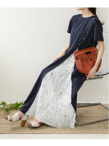 【SALE/20%OFF】Bou Jeloud ボタン付スリットプリーツワンピース ブージュルード ワンピース 半袖ワンピース ネイビー ベージュ ブラック グレー グリーン ブラウン【送料無料】
