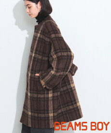 【SALE／40%OFF】BEAMS BOY BEAMS BOY / スライバー チェック ノーカラーコート ウールコート ひざ下丈 ロングコート ビームス ウイメン ジャケット・アウター その他のジャケット・アウター ブラウン ベージュ【送料無料】