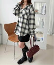 フード付きオーバーサイズチェックシャツ