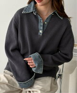 【SALE／25%OFF】GeeRA デニム切替フェイクレイヤードポロニット ジーラ トップス ニット グレー ネイビ…