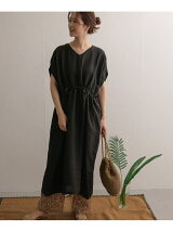 リネンウエストギャザーVネックワンピース