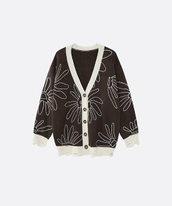 U:UME Vintage Outline Flower Pattern Cardigan ���[�� �g�b�v�X �J�[�f�B�K�� �u���[ �u���E���y���������z