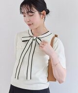 VIS リボン付き半袖ニットプルオーバー/イージーケア ビス トップス ニット ベージュ ネイビー ピンク【…