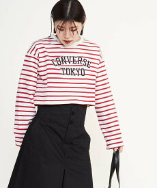 CONVERSE TOKYO WOMEN BORDER LOGO SHORT PULLOVER コンバーストウキョウ トップス スウェット・トレーナー レッド グリーン ブラック【送料無料】