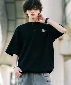 Rocky Monroe UMBRO別注コラボ オーバーサイズ刺繍ワッフルヘンリーネックTシャツ ロッキーモンロー トップス カットソー・Tシャツ グレー ブラック【送料無料】