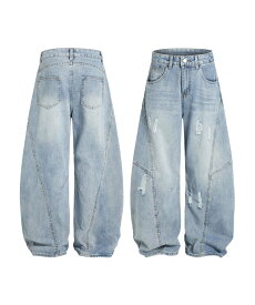 【SALE／20%OFF】HOOK HOOK/クラッシュ加工ワイドカーブデニムパンツ ダメージ加工 アイモハ パンツ ジーンズ・デニムパンツ ネイビー【送料無料】