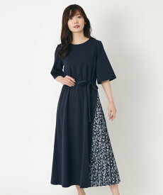 LAURA ASHLEY 【ジャージ素材/同柄アイテムあり】サイドプリーツワンピース ローラ アシュレイ ワンピース・ドレス その他のワンピース・ドレス ネイビー ブラウン【送料無料】