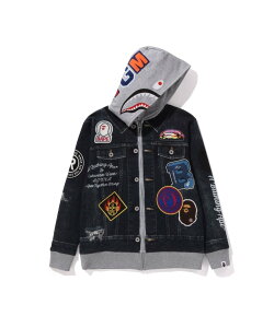 A BATHING APE SHARK BAPE EMBLEM DENIM JACKET PRINT ZIP HOODIE A xCVO GCv gbvX p[J[Et[fB[ lCr[yz