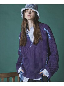 MAISON SPECIAL Oni-Waffle Embroidery Prime-Over V-Neck Knit Pullover メゾンスペシャル トップス ニット ブラック グリーン パープル【送料無料】