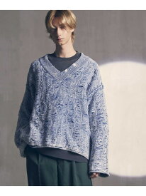 MAISON SPECIAL Snow Wash Destroy Fringe Denim Knit Prime-Over V-Neck Pullover メゾンスペシャル トップス ニット ブラック ブルー【送料無料】