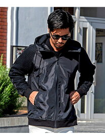 CavariA CavariA ビッグワッフル袖ライン布帛切り替えブルゾン シルバーバレット トップス パーカー・フーディー ブラック ホワイト【送料無料】