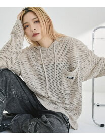 MSG オーバーサイズワッペン刺繍ポケット付きメッシュニットパーカー カジュアル トップス パーカー・フーディー グレー イエロー ブラウン ブラック パープル【送料無料】