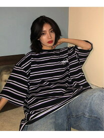 DEVICE select ビッグシルエット ボーダー 半袖 Tシャツ オーバーサイズ メンズ レディース デバイス トップス カットソー・Tシャツ ブラック パープル