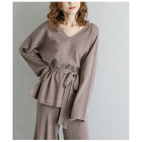 ニットセットアップレディースパンツワイドパンツ長袖Vネックセーターセットアイテムウエストリボンゆったりシンプルトップスボトムスセット2点セット2019秋冬新作フリー【lgww-at2585】【予約販売:11月12日入荷予定順次発送】【送料無料】宅込
