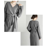 10/1810時〜24時間限定ニットワンピースカシュクールワンピースリボン長袖レディースマキシ丈ロング丈大人きれいめおしゃれ可愛いブラック2019秋冬新作フリー【lgww-ak0722】【予約販売:10月29日入荷予定順次発送】【送料無料】宅込