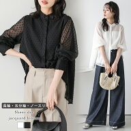 4/18 10時〜24H限定【クーポン利用で2980円】五分袖 ノースリーブ ブラウス シアー バンドカラー 比翼仕…