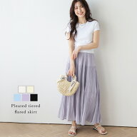 5/12 10時～24H限定【クーポン利用で2680円】プリーツ ティアード フレアスカート ロング丈 エアリー シ…