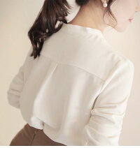 ブラウスレディースノーカラーVネック長袖トップスオフィス通勤シャツシンプル上品おしゃれ可愛いホワイトメール便春夏2018春夏新作S/M/L/XL/2XL春夏【6995-n135c】【即納&予約:15-20日】【送料無料】メ込