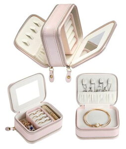 HUACHENGジュエリーボックスPUレザーおしゃれジュエリーケース携帯用指輪置きジュエリー収納ケース持ち運び旅行用仕切り付き宝石箱鏡付きジュエリーボックスじゅえりーぼっくすネック…