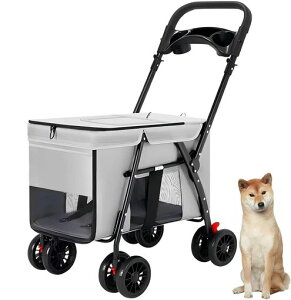 LOOPFKLペットカート中型犬小型犬バギー折り畳み多頭猫コンパクト軽量ペットバギー組み立て簡単4輪前輪360°回転後輪ブレーキ付き耐荷重55Kgカップホルダー、フックなど付属ペットカート(…
