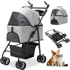 OXSITOペットカート分離型多頭の小型犬&猫中型犬一匹用ペットバギー前輪360°回転後輪ブレーキ付折りたたみ式軽量コンパクトワンタッチ折畳組み立て簡単日本語説明書付き散歩/老犬介護…