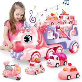 QIZEBABY 車 おもちゃ 建設トラック子供 の 車 おもちゃ 玩具车5 IN 1 人気 おもちゃ 光と音楽で乗り物を運ぶ 知育玩具 2 3 4 5 6歳 女の子 誕生日 プレゼント 贈り物 クリスマス