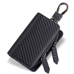 VISOULスマートキーケース2個収納本革レザースマートキーカバーケースキーホルダーキーレスレディースメンズカラビナ付き車の鍵が入る車カーボンレザーブラック