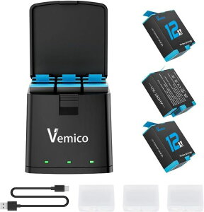 VemicoHero12バッテリー急速充電器セット3*1800mAh大容量電池Hero9/10/11/12ブラック用3個セットヒーロー11予備バッテリーチャージャー同時充電可能Type-CUSB収納ボックス式対応種類(Hero
