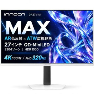 INNOCN GA27V1M MAX 27�C���` 4K �Q�[�~���O���j�^�[ QD-MiniLED AR�ᔽ��xATW�L����p 4K 160Hz/FHD 320Hz �f���A�����[�h 2304�]�[�� HDR1000 0.5ms MPCS Type-C 90W