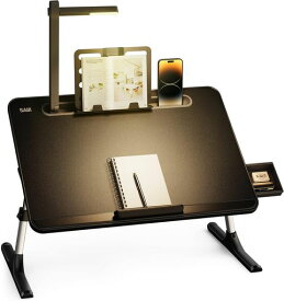 SAIJI ベッドテーブル LEDライト付け 3段明るさ調整 ミニテーブル 収納可能 折りたたみテーブル「安定性強化版」机 ローテーブル ノートパソコンスタンド PCテーブル ちゃぶ台 ブックスタンド付き 角度 高さ調整 引き出し付き 40KG荷重