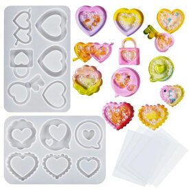 5WYOUKEハートシリコンモールドシェイカーモールドシャカシャカ中身レジン型モールドダブルハートハートシェイカー大中小ソフトモールド流砂型流砂シーリングフィルム4枚付き樹脂シリ…