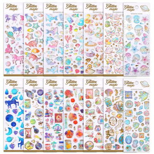 SANNIXキラキラシール女の子14シートごほうびシール手帳ステッカーぷくぷくシールキラキラハート立体デコステッカーごほうびスケジュール帳海洋生物と蝶花