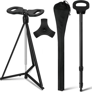 NODIBRO折りたたみ杖ステッキチェア杖椅子になる軽量シート付き杖男女高齢者登山歩行支援散歩ハイキング旅行運動会行列待ち高さ調節可能収納袋付き日本語説明書付き(ブラック(伸縮タイ…