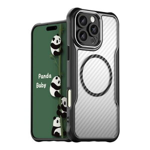 PandaBabyiPhone16ProケースMagSafe対応半透明カバー薄型耐衝撃バンパーマット質感レンズ全面保護(ブラック)