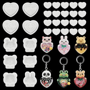 DeryArcleシャカシャカモールドシリコンモールド6種類セット流砂型動物クマウサギカエルネコパンダハムスターハートフィルム20枚付きレジン飾り手作りキャンドルアロマストーンキーホル…